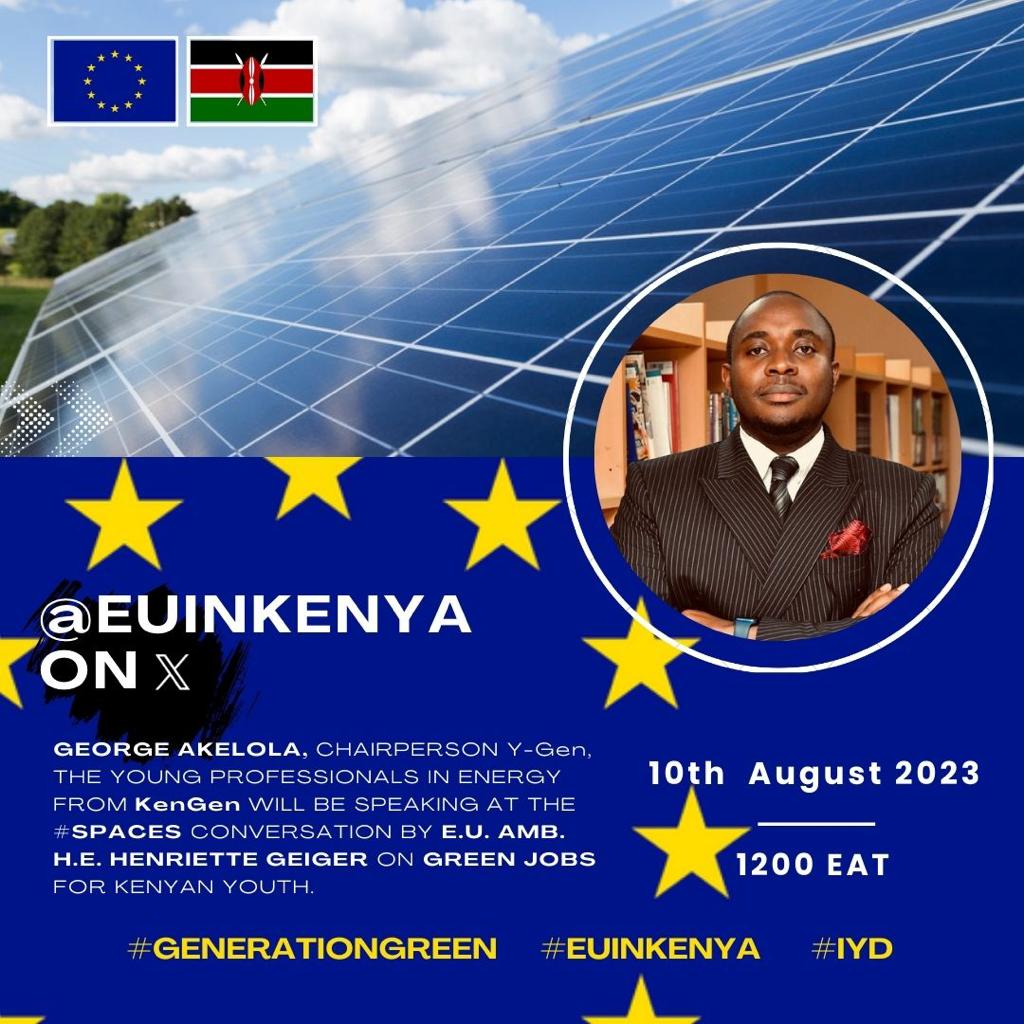 KenGenKenya's tweet photo. Join us on #Spaces as we discuss “Green Jobs among the Youth in Kenya”. 

From @KenGenKenya will be @GeorgeDrammeh
Y-Gen Chairperson, as he joins @EUAmbKenya to Kenya, H.E Henriette Geiger, today at 12:00PM talking energy and climate action. #GreenEnergyKE #EUInKenya ^EM https://t.co/OWNffXKc3m
