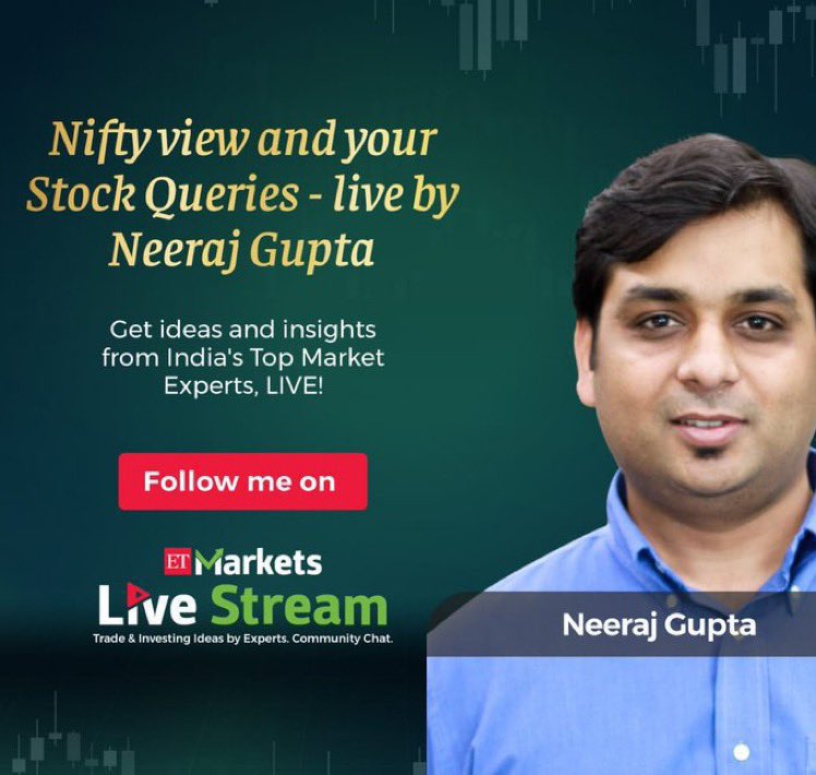 ETMarkets's tweet image. Neeraj Gupta (@NeerajAnalyst), Founder Director - Panoramic Management &amp;amp; Consulting, discusses &apos;Nifty view and your Stock Queries&apos; on today&apos;s ET Markets Livestream. 
Click the link below to join the Live session at 11:45 AM

m.economictimes.com/markets/etmark…
