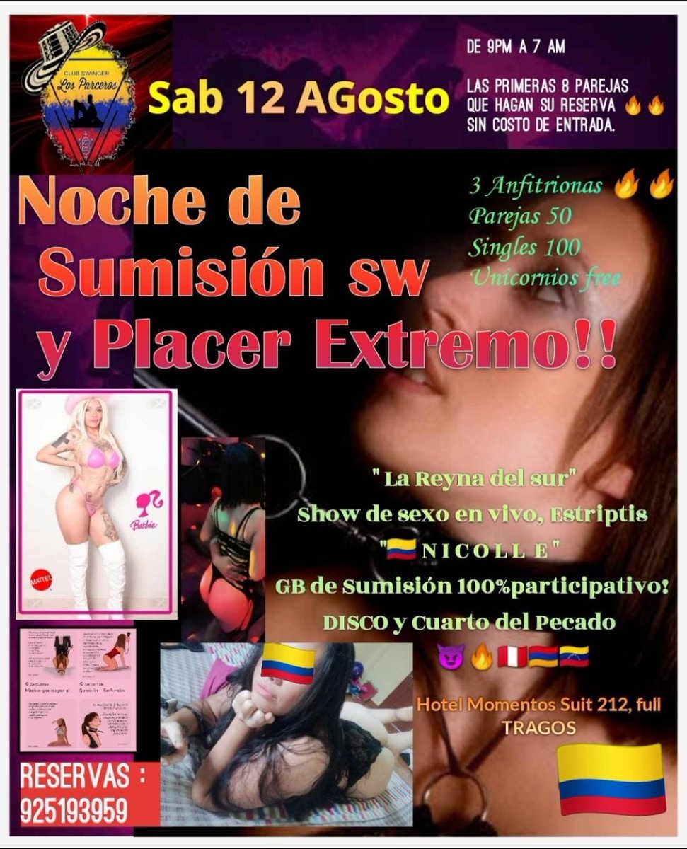 losparcerossw's tweet photo. Agrecemos por su cariño, preferencia y rtws parceritos.

Abrimos cupos para este sábado 12 de ago una super fiesta swinger.
Parejas 50
Singles 100
Unicornios requisito ser  alegre y divertida. 
Si llegamos a 100 rtw colgaremos lo rico q se goza en el cuarto del Pecado. https://t.co/EHCGGfU0yi