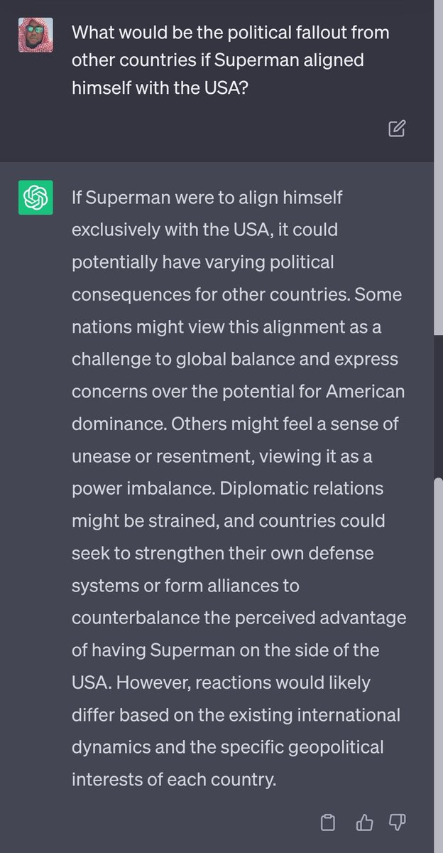 I asked ChatGPT what would happen on the global political scene if Superman were aligned to the US.

Working on a story...