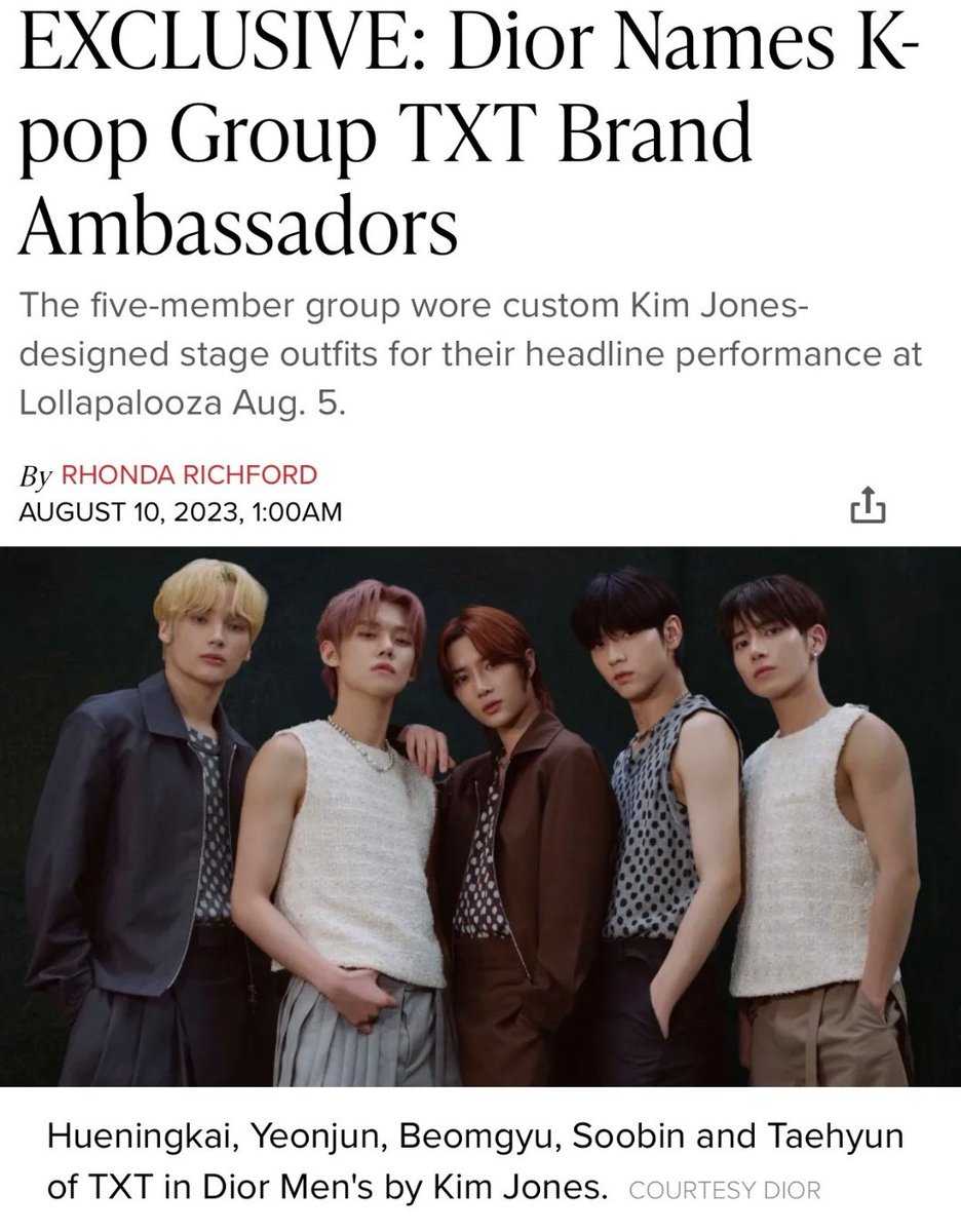 1st lollapalooza headliner, RIAA certificación, txt x MANCHESTER CITY en Roblox y ahora txt embajadores de Dior. El txt karma actúa más rápido que un parpadeo. Los bonitos(txt) siempre ganan 

#TXTxDIOR
TXT DIOR AMBASSADORS 
#TOMORROW_X_TOGETHER
<a href="/TXT_members/">TOMORROW X TOGETHER</a> <a href="/TXT_bighit/">TXT OFFICIAL</a>