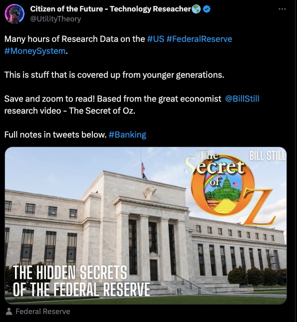 UtilityTheory's tweet photo. Notes of the Money System - The information the elite do not want you to understand.
Great Documentary by @BillStill to help any Citizen understand concepts of the money system
Video & Notes below ⤵️
#Money #Banking #Finance #Research #BillStill #AmericanEconomist #TheSecretsofOZ
