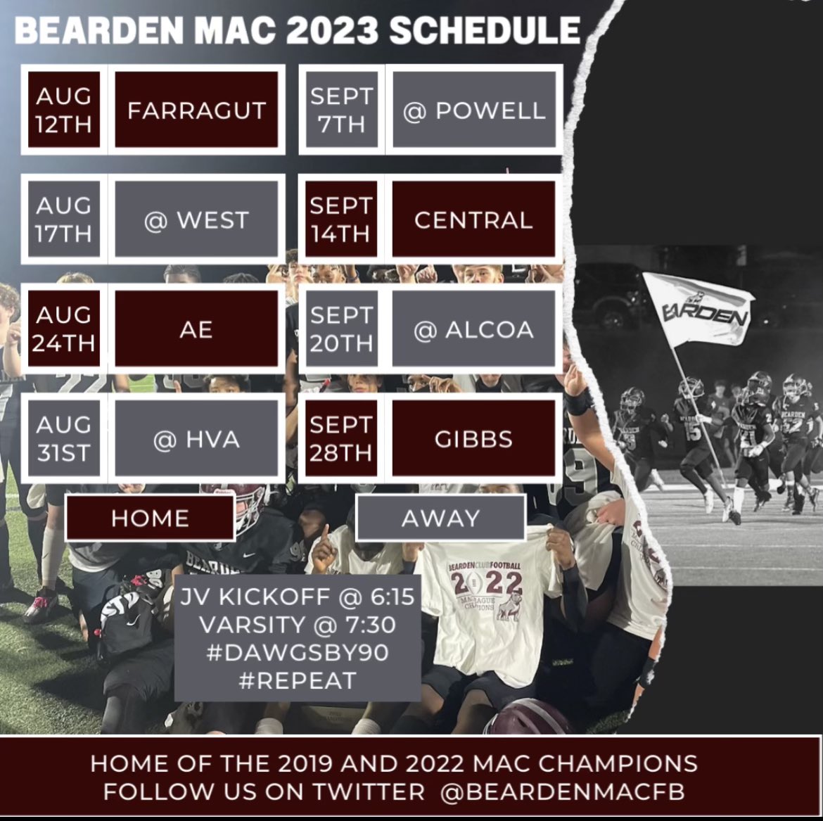 Beardenmacfb's tweet photo. Our Bearden MAC schedule this 2023 season ! Be sure to come and support your Bearden MAC Bulldogs 🐶 #Dawgsby90 #EAT https://t.co/Y63ZiKtdvM