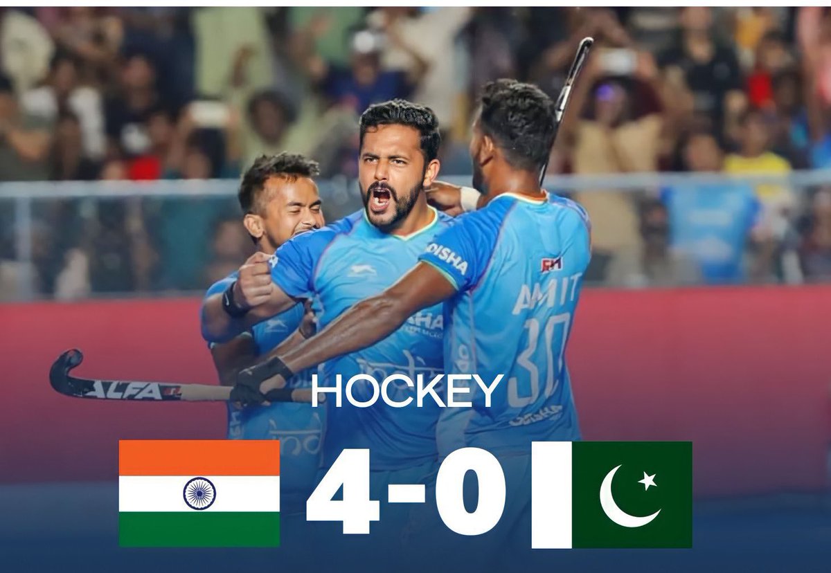 Team India 🇮🇳 on fire! A clinical 4-0 victory over Pakistan, maintaining an unbeaten streak in the Hero Asian Champions Trophy #HACT2023 . Congratulations on a superb victory and best wishes for the semi-finals against Japan. Yeh hai #IndiaKaGame @TheHockeyIndia