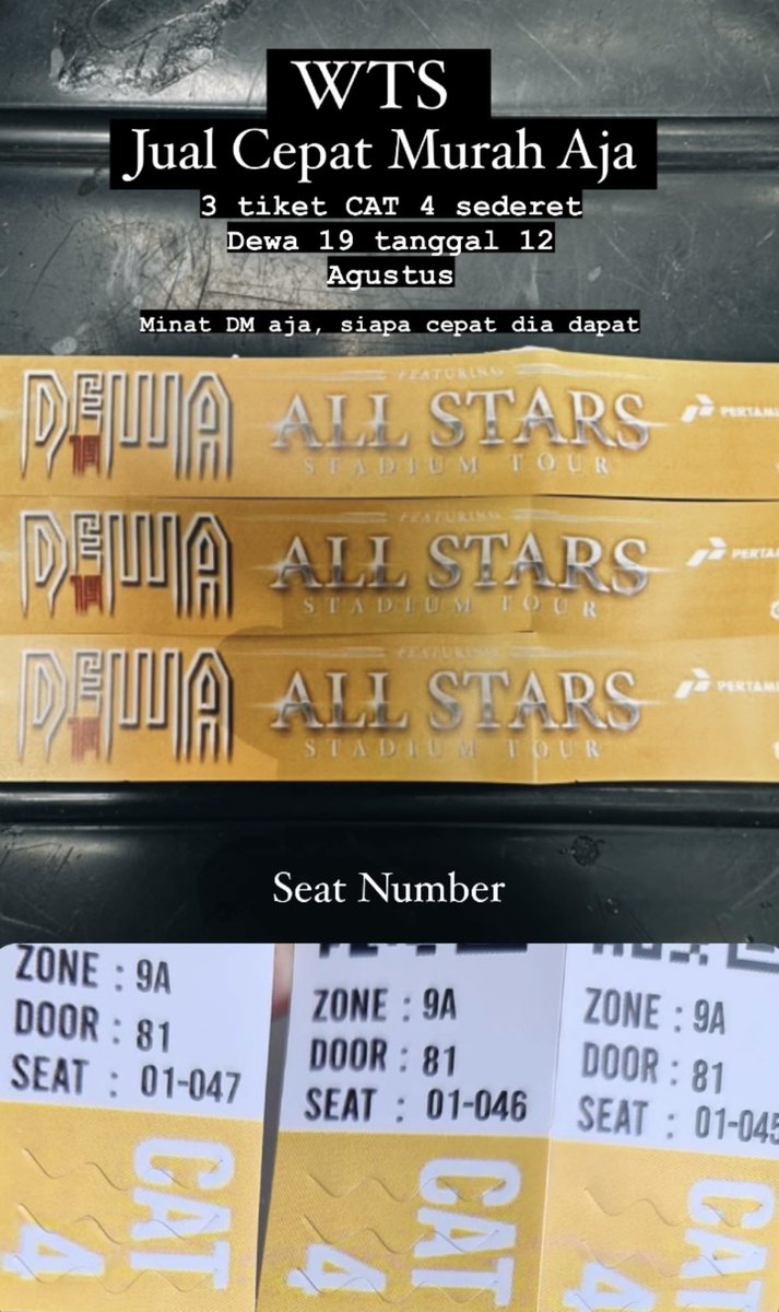 aldiampm's tweet photo. WTS / Jual
3 Tiket Dewa 19 (CAT 4 sederet)
jual cepat aja murmer, gelang tiket udh di saya, minat cod Manggarai https://t.co/Qz2tH6ntAb
