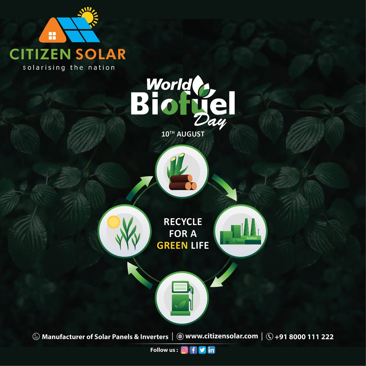 Let's work towards creating a Biofuel economy and enhancing energy security for India.

#WorldBiofuelDay #WorldBiofuelDay2023 #biofuel #Sustainability #RenewableEnergy #renewables #SustainableFuture #SustainableEnergy #CitizenSolar #solarenergy #solarpower #madeinindia