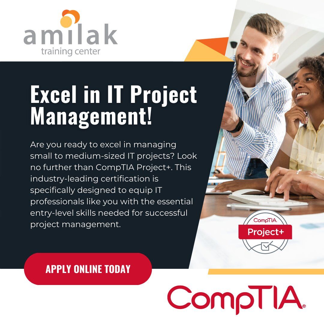 amilaktraining's tweet image. Equip yourself with essential project management skills through CompTIA Project+ certification. Apply online now at bit.ly/3ue9wnJ #AmilakTrainingCenter #CompTIAProjectPlus #ITCertification #CareerDevelopment #CompTIACertifications