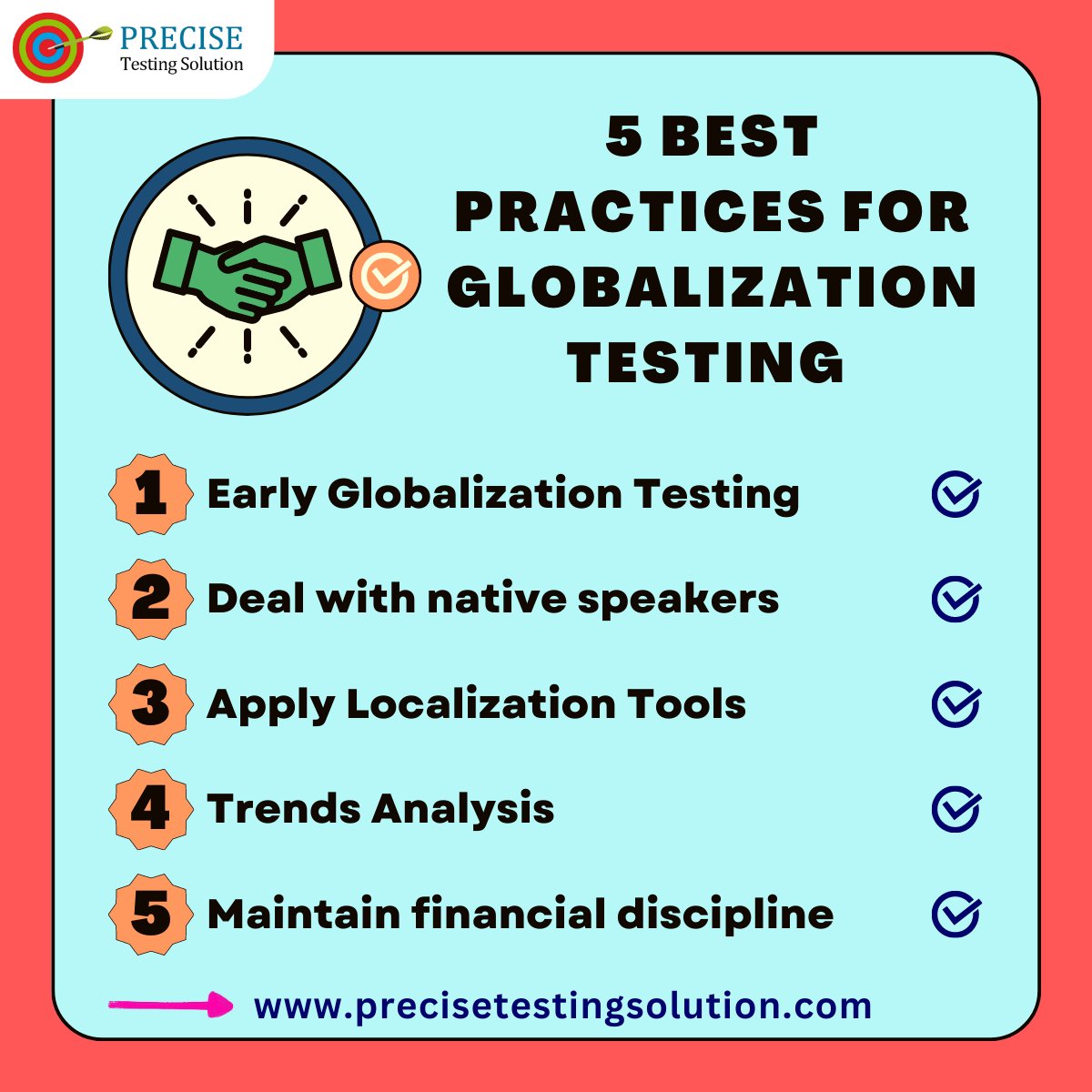 PreciseTestingS's tweet image. 5 Best Practices for Globalization Testing
👇
1). Early Globalization Testing
2). Deal with native speakers
3). Apply Localization Tools
4). Trends Analysis
5). Maintain financial discipline
For More Details - precisetestingsolution.com/localization-t…
#meghalaya #Trending #globalizationtesting