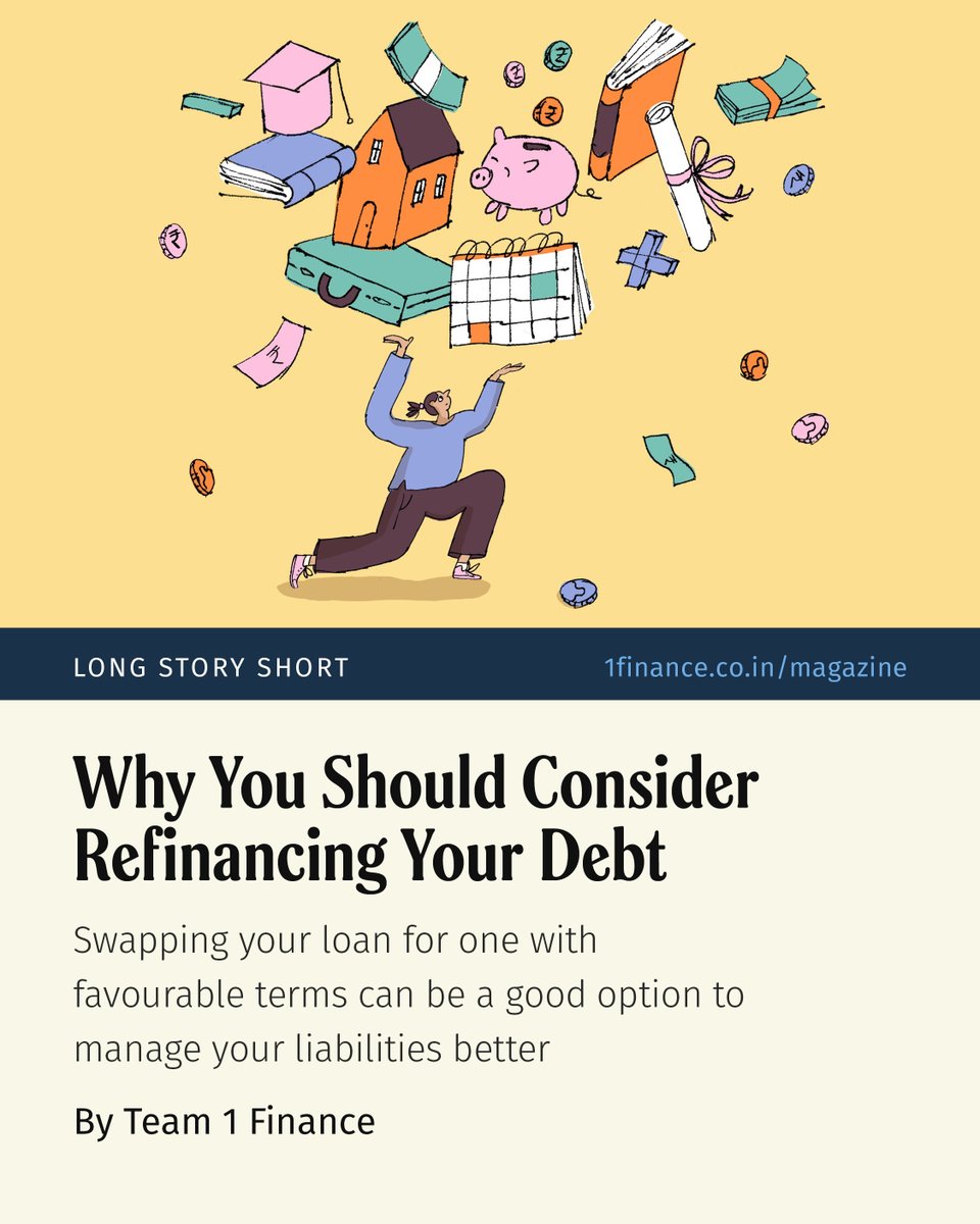 1FinanceHQ's tweet photo. Swapping your loan for one with favourable terms can be a good option to manage your liabilities better.

The two major things you need to bear in mind before refinancing your debt are the change in interest rates from the existing loan to the new one, and the total cost of refinancing your loan. 

In our latest issue, understand how debt refinancing can help in reducing your EMI or decreasing the tenure of your loan, and thus lets you save money that you can, in turn, direct towards building assets and investing to grow your wealth. 

Read more on 1 Finance magazine: https://t.co/yeY1cUYyhr