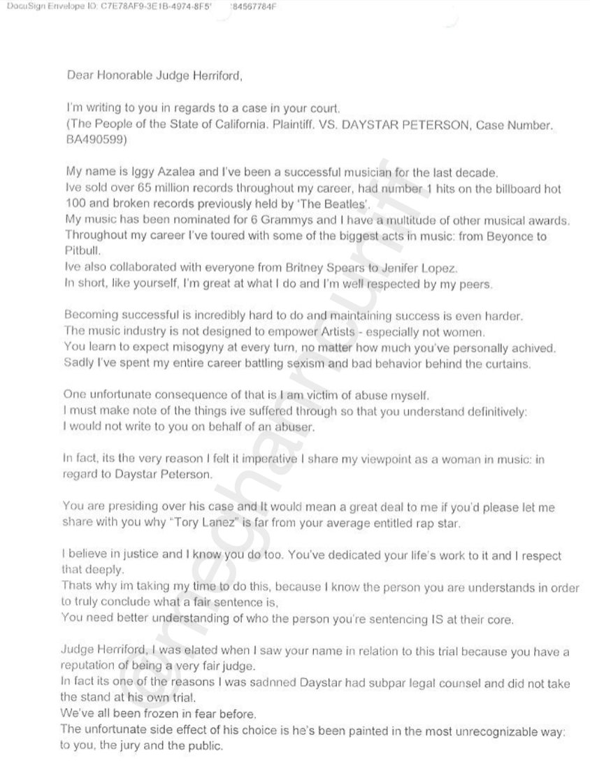meghanncuniff's tweet photo. Here is Iggy Azalea's full letter to Tory Lanez's sentencing judge.

I have the other 75 letters written for Lanez's sentencing and will be live on YouTube at 12 pm PST / 3 pm EST to discuss: https://t.co/d2PD3TPsxx https://t.co/9gmhcoDErL