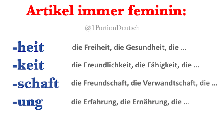 1PortionDeutsch's tweet photo. #Grammatik mit 100-Prozent-Garantie: 😀
#Deutschlernen #LearnGerman #Deutsch #German

Wörter mit diesen deutschen Suffixen (Nachsilben) sind garantiert und ohne Ausnahme feminin, haben also den Artikel „die": https://t.co/xIREg7SgZs