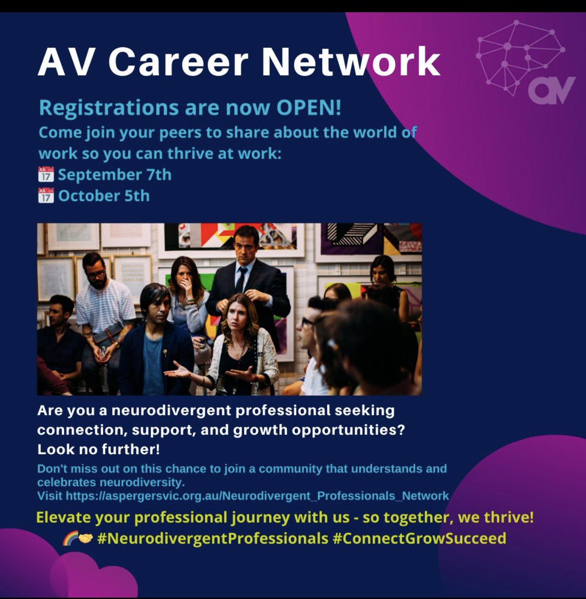 🌟 Calling Autistic Professionals!🌟
Are you a neurodivergent-autistic identifying adult who's in, seeking or been in the world of work? The AV Career Network is YOUR community.
🌐 Connect with like-minded ND professionals, share stories, and create a safe peerspace