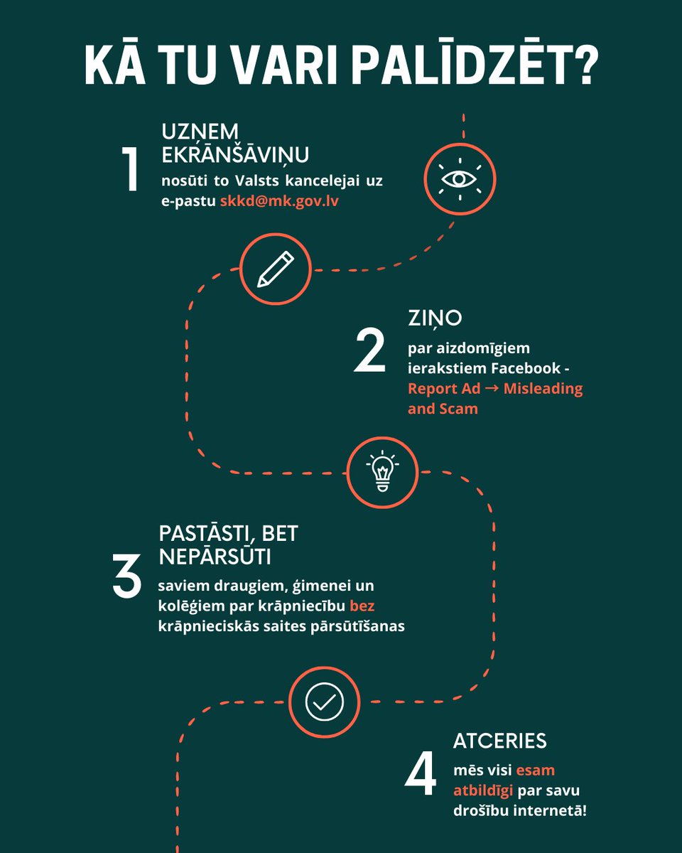 Brivibas36's tweet photo. Ziņojiet par aizdomīgiem gadījumiem Valsts kancelejai (skkd@mk.gov.lv) un pašā Facebook platformā. Pastāstiet līdzcilvēkiem par šo kampaņu, nesūtot pašu reklāmu vai saiti. https://t.co/S3mK4AzFKv