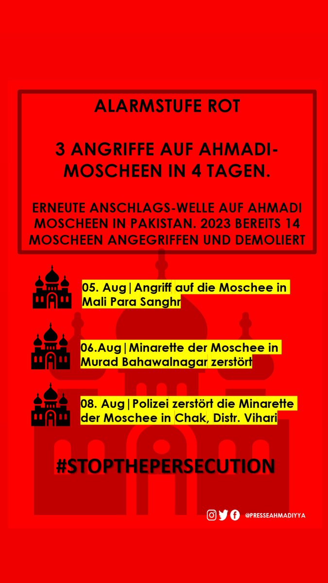 PresseAhmadiyya's tweet photo. Angriffe auf Moscheen der Ahmadiyya Gemeinde in Pakistan nehmen kein Ende. Innerhalb von 4 Tagen wurden 3 weitere Ahmadi-Moscheen Ziel von Angriffen. 2023 wurden bereits 14 Moscheen angegriffen und demoliert
#STOPTHEPERSECUTION 

@IGFM_DE https://t.co/r74tt2HKpp