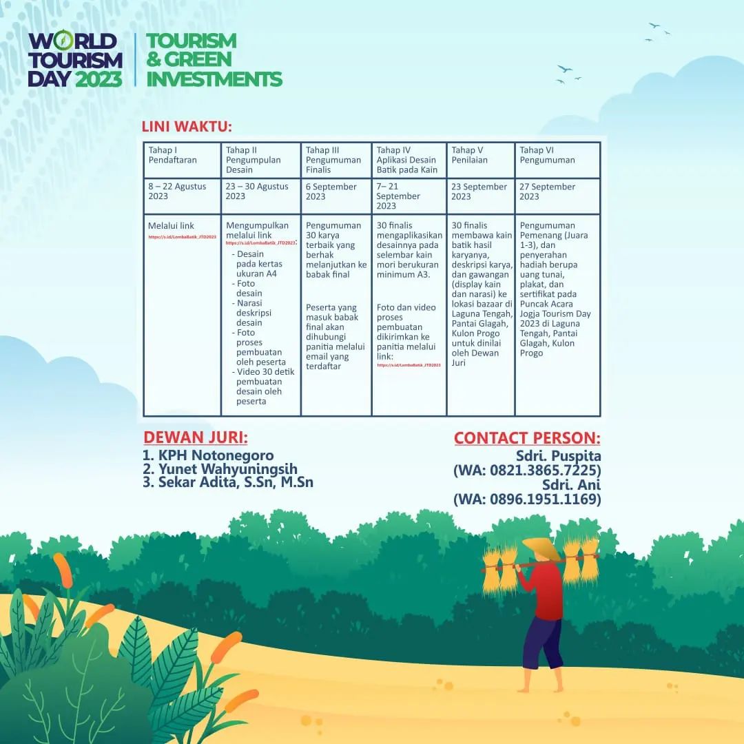 Dalam rangka menyambut Jogja Tourism Day 2023, Dinas Pariwisata DIY menyelenggarakan Lomba Desain Batik.

Lomba terbuka utk umum, pendaftaran sampai 22 Agustus 2023.

Link pendaftaran : s.id/LombaBatik_JTD…

Source <a href="/visitingjogja/">Visit Jogja</a>

#kotajogja
#kotajogjacom
#visitingjogja