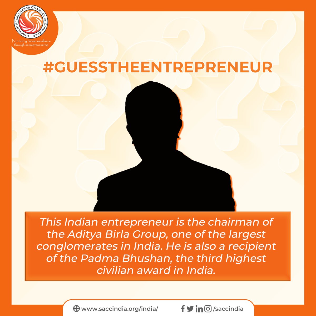 ❓Are you a startup enthusiast❓

Do you know your Indian entrepreneurs? Test your knowledge with our weekly #GuessTheEntrepreneur quiz✔️

#SACCINDIA #ThursdayQuiz #startup #Entrepreneurship #StartupQuiz