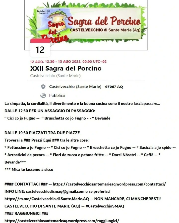 CastelvecchioAQ's tweet photo. "Son case puffe assai
I funghi di laggiù
Nel bosco le vedrai..."
Su vieni anche tu 😎
12 e 13 agosto Castelvecchio di Sante Marie AQ
Ventiduesima #sagradelporcino
#castelvecchiosmaq 
Più info https://t.co/ZH0jTevBMd https://t.co/Qdxc7Op6g7