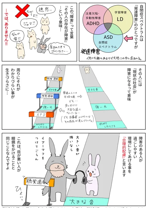 (2/2)  障害は「その人」ではなく「社会」側にあります。 個人個人の特性を理解し、環境を整えていくことで障害が障害でなくなることもあるので、知識を得ることって大切。
