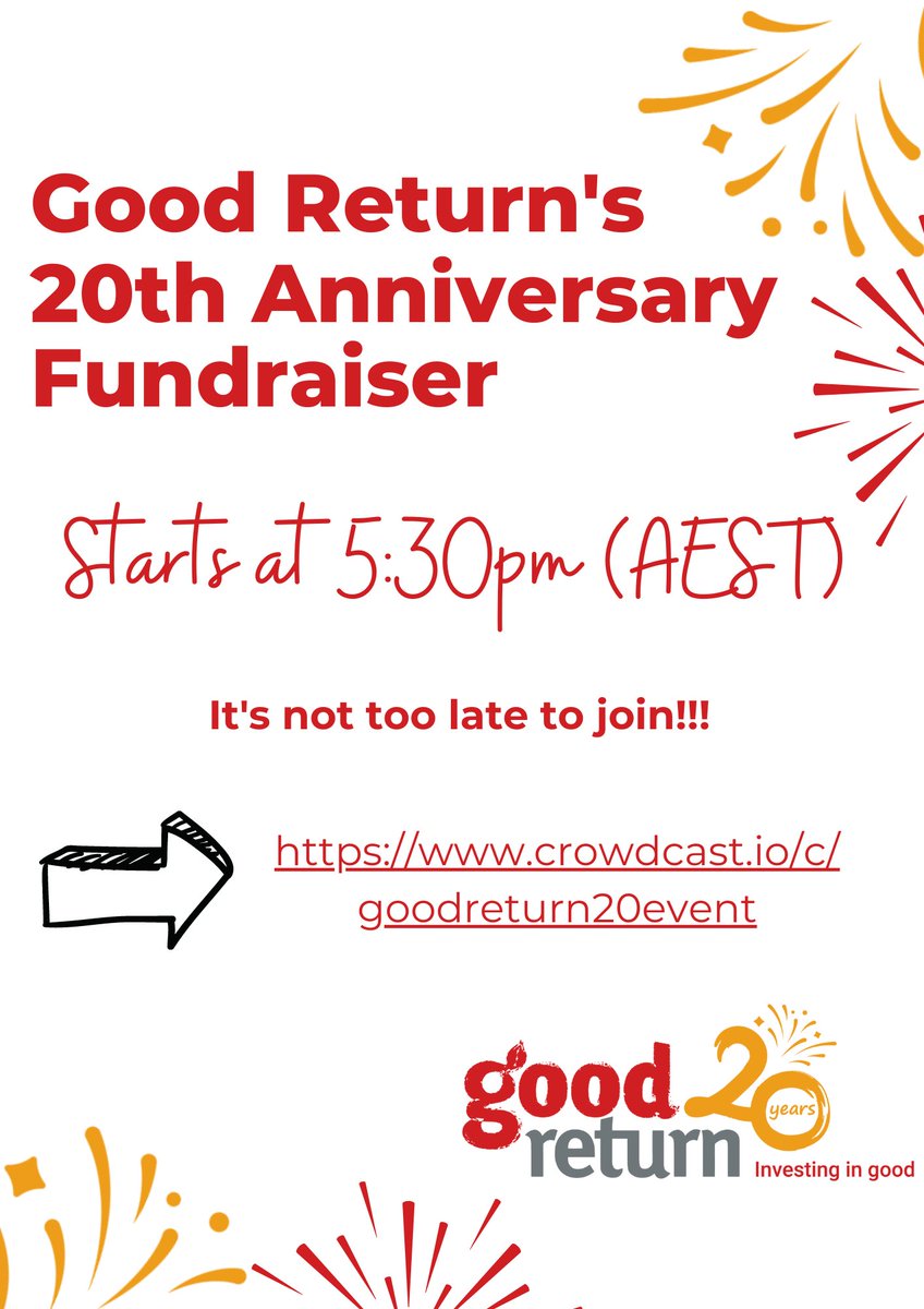 GoodReturnOrg's tweet image. It's not too late to join👇

Our 20th Anniversary Fundraiser starts in 1 hour and YOU'RE invited!

Hear on-the-ground updates from #PNG, #Nepal and #Cambodia and make a difference to communities in our region.

Link here: crowdcast.io/c/goodreturn20…