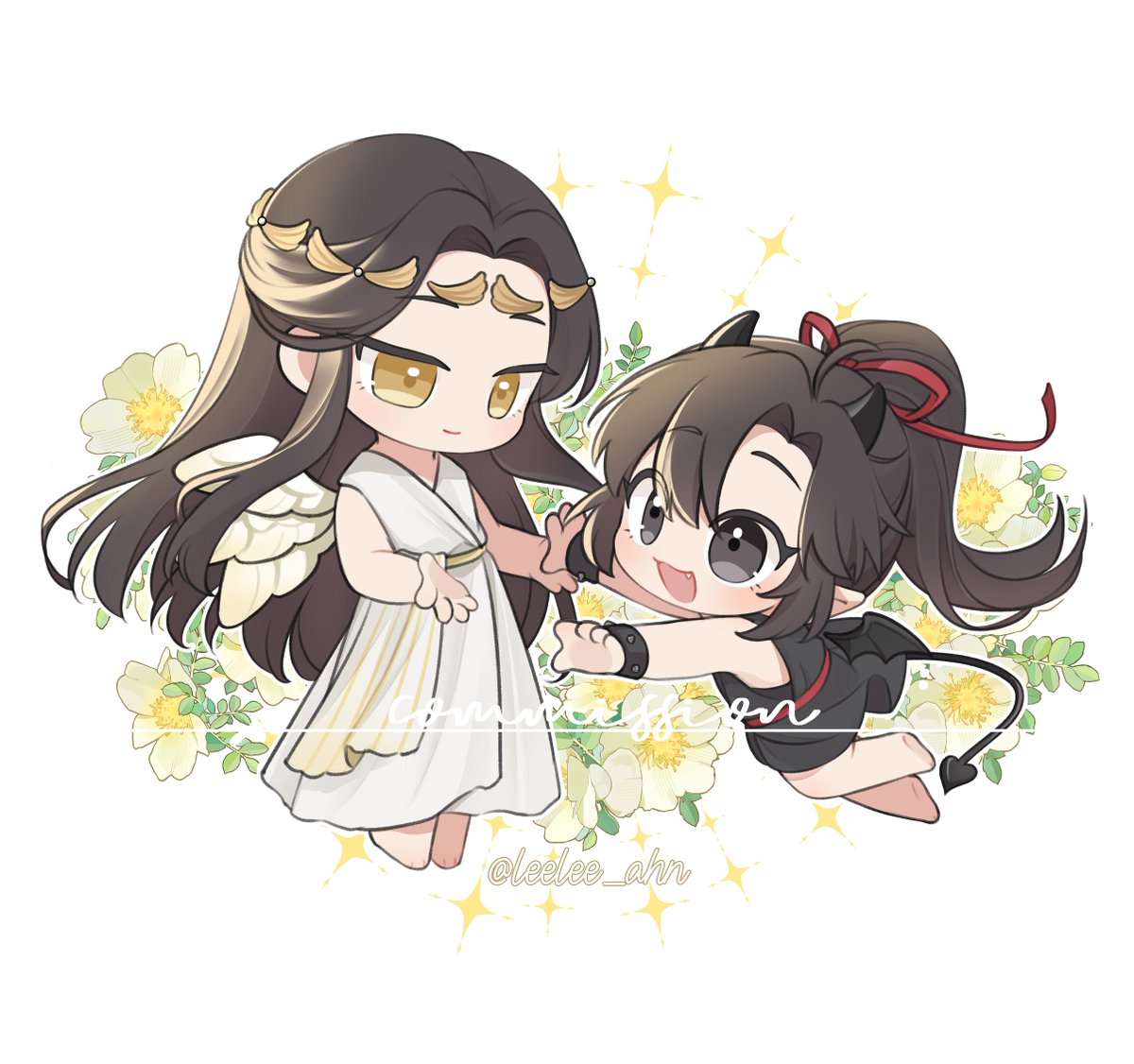 wings chibi ponytail angel and devil black hair tail long hair  illustration images