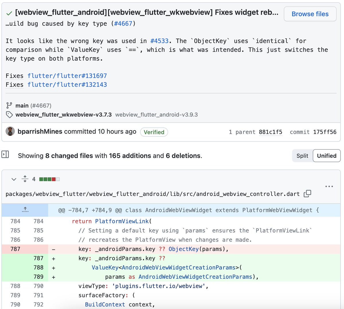 花两天时间定位到Flutter的webview插件的bug，一针见血的指出有bug代码，帮助google团队解决了困扰一周多的问题。突然觉得我自己好厉害哇🤪
bug只能在特殊情况下复现，二分法对比编译日志找到有问题的包。然后去翻flutter的PR，一个个看才发现的问题。夸一句Flutter团队响应速度真快，隔日就修好了