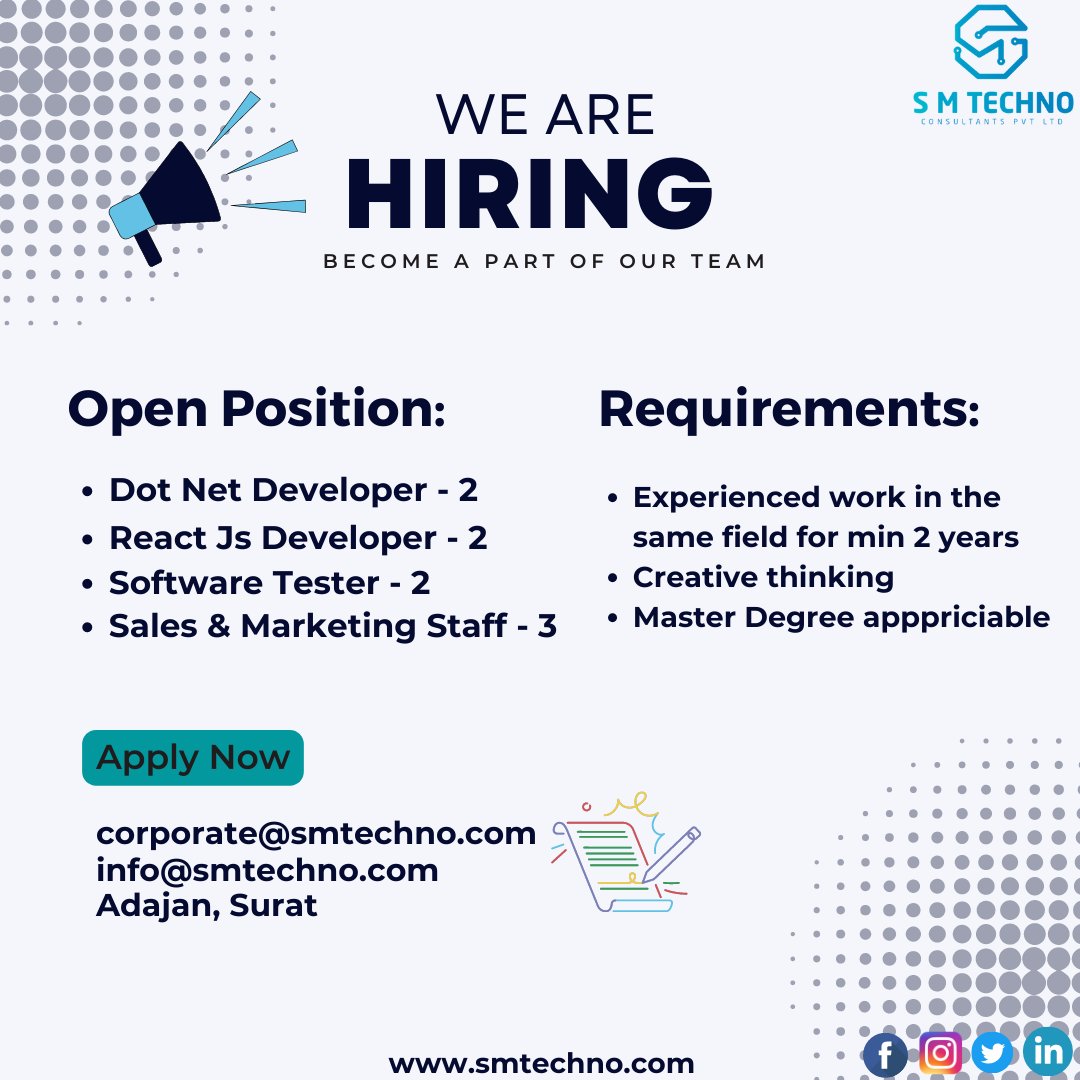 Hiring.......

#hiringimmediately #vacancy #itandsoftware #urgenthiring #applynow #technicalrecruiter #nontechnical #immediatejoiners #surat #suratjobs #suratcity