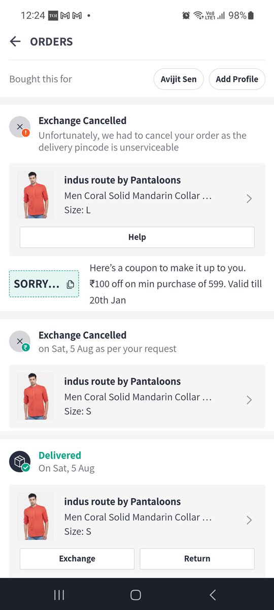 avijit082's tweet photo. While you can deliver the product to the Pin code...and while exchange it becomes not serviceable. And smartly cancelled the order. Wah Myntra!

@myntra @MyntraSupport @MyntraFS @myntra_engg 

#lajawabmyntra 
#nomyntra https://t.co/RsjaEgtofr