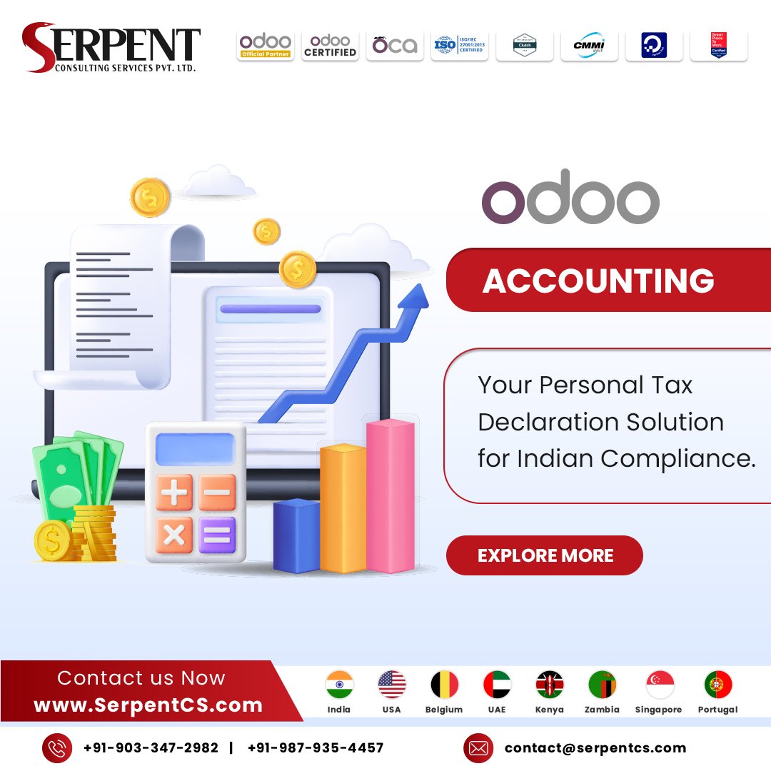 Serpent_CS's tweet photo. Managing #personaltaxes can often be time-consuming task, especially when tax regulations are complex. SerpentCS #OdooAccouting simplifies #taxdeclaration for Indians, ensuring compliance with local taxation standards.
For detailed info, Read blog: https://t.co/BIJLoQxU2J
#odoo https://t.co/gooIf6EWPw