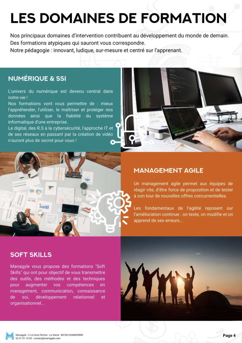 managyle's tweet photo. Nos nouvelles formations, dans les domaines suivants : 

📌 Numérique &amp; SSI
📌 Management agile
📌 Soft skills
📌 Communication et efficacité relationnelle
📌 Qualité de vie au travail

✅ Lien catalogue : https://t.co/6WXh7n6aor

 Contact au 06 75 99 49 37 contact@managyle.com https://t.co/nR7yWJaZJx