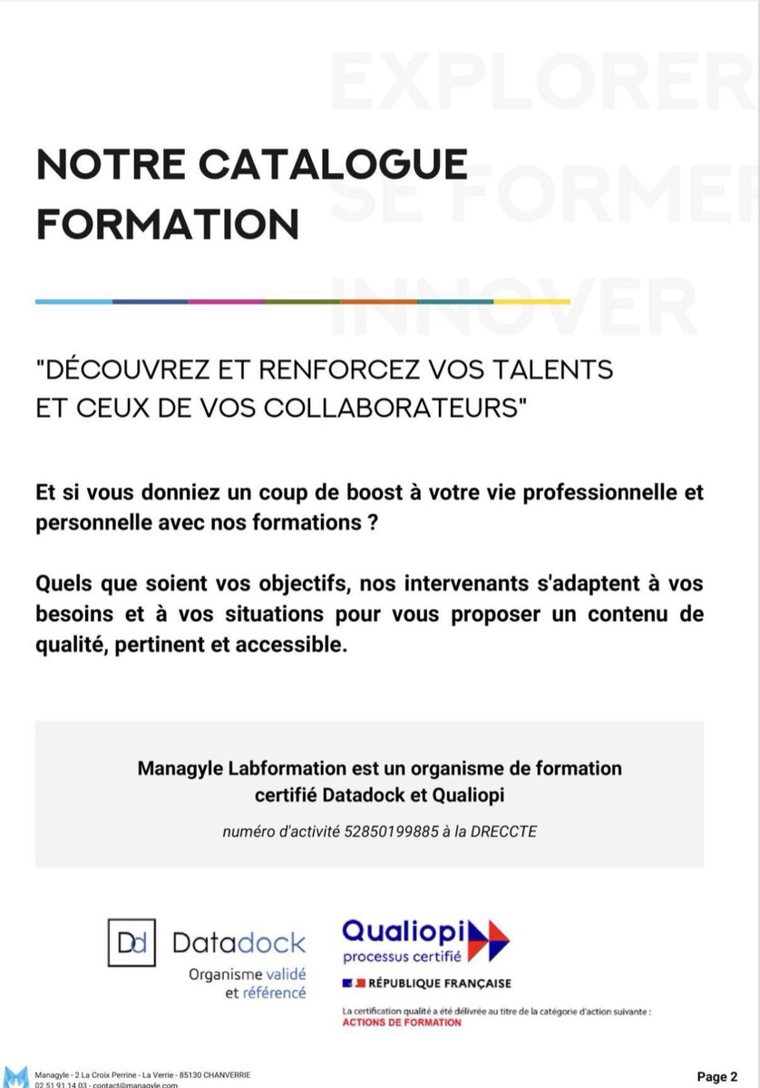 managyle's tweet photo. Nos nouvelles formations, dans les domaines suivants : 

📌 Numérique &amp; SSI
📌 Management agile
📌 Soft skills
📌 Communication et efficacité relationnelle
📌 Qualité de vie au travail

✅ Lien catalogue : https://t.co/6WXh7n6aor

 Contact au 06 75 99 49 37 contact@managyle.com https://t.co/nR7yWJaZJx