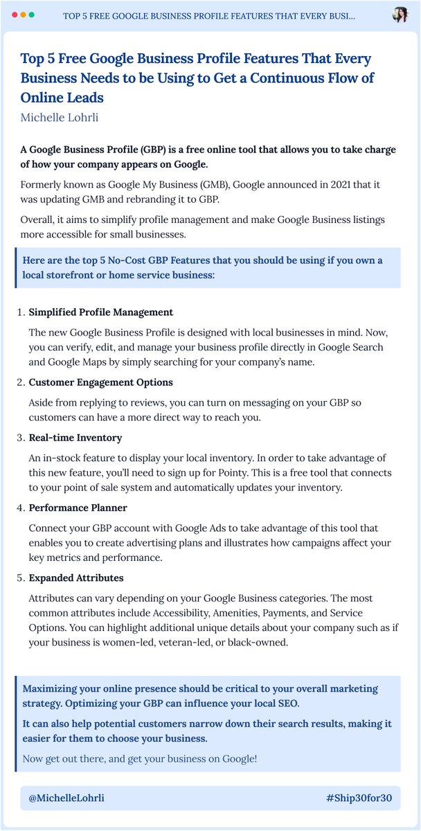 A Google Business Profile that is well-optimized can fuel lead generation. There’s no reason for any local business not to be using these free features.
#Ship30for30 #smallbusinessSEO