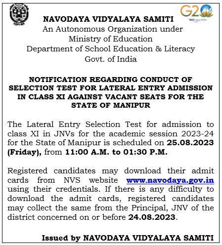 NVS_HQ's tweet photo. 🔊 The admit cards only for registered candidates of State of #Manipur for Class-XI LEST 2023 has been released.
✍️ Exam Date : 25th Aug 2023 (11:00 AM - 1:30 PM)
👉 Download it : https://t.co/SoBDOh9wYY
#LEST2023 #JNV #Admission #Class11 #SelectionTest https://t.co/LUK8XKWE9d