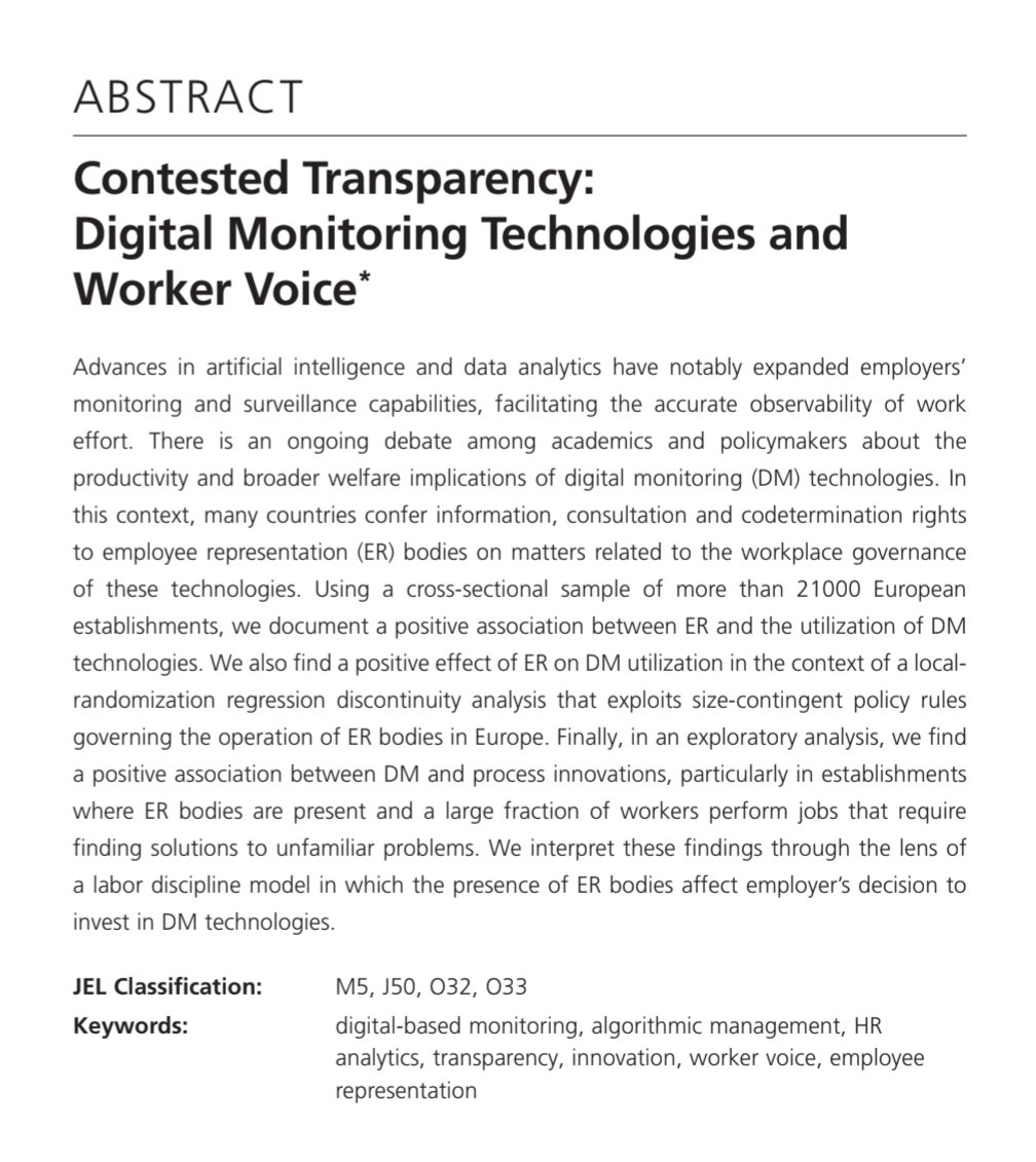 New <a href="/IZAWorldofLabor/">IZA World of Labor</a> discussion paper

(with <a href="/GabrielBurdin/">Gabriel Burdin</a> <a href="/BellocFilippo/">Filippo Belloc</a> &amp; Stefano Dughera)

We explore the relationship between digital monitoring and worker voice in a framework of contested transparency at the workplace.

Comments are welcome!

iza.org/publications/d…
