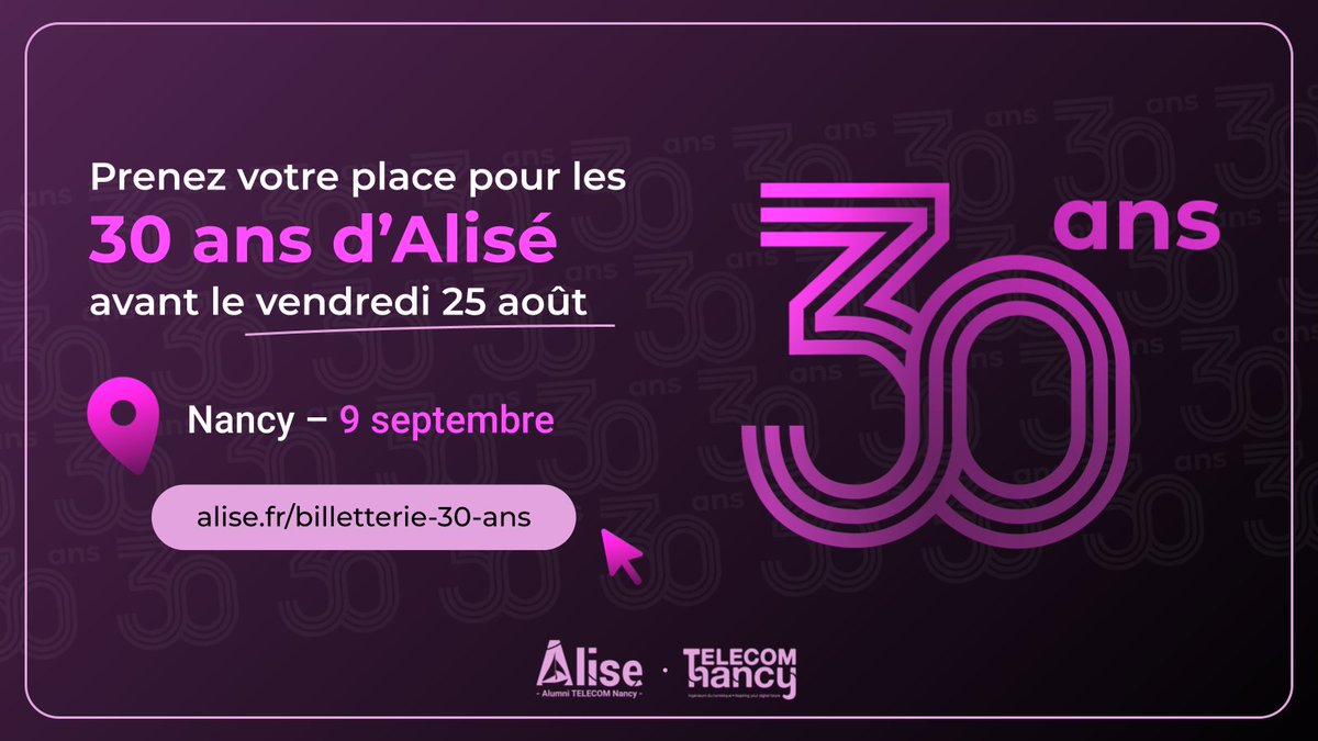Alise_TN's tweet photo. Envie de vivre une soirée exceptionnelle avec tes amis ? Tu as jusqu’au 25 août pour accepter l’invitation à la soirée des #30Ans d’Alisé envoyée par mail 📨

🗺️ Salle Jean Ferrat, Villers-lès-Nancy
📅 9 septembre 2023, 19h-2h
ℹ️ https://t.co/ya6GoC6CJQ https://t.co/cMyLL7ee3w