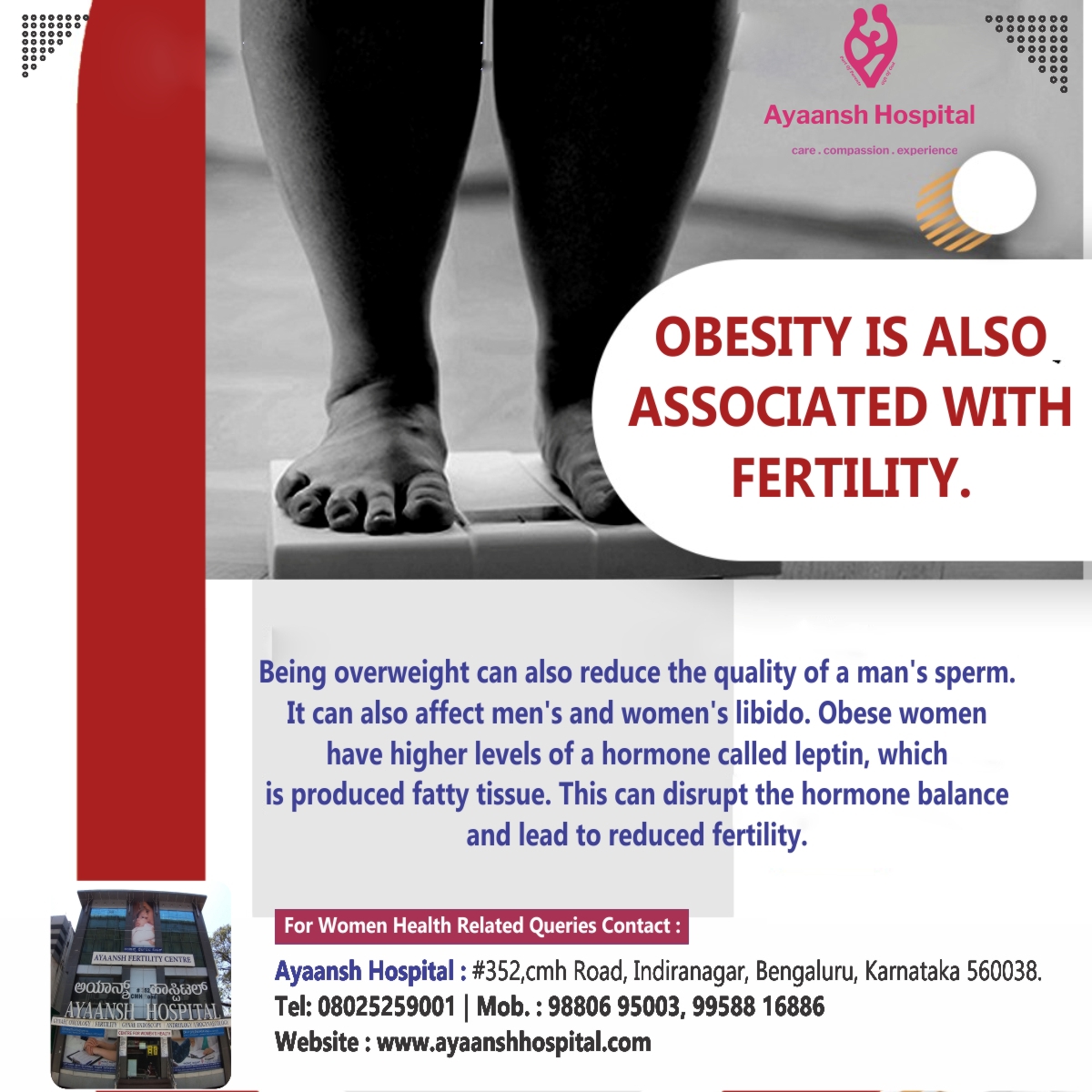 Obesity is also associated with fertility.

Being overweight can also reduce the quality of a man's sperm. It can also affect men's and women's libido. 

#gynecologist #gynecologydoctor  #causes #pregnancy #obesity #overweight #affectfertility #leptin #reducedfertility