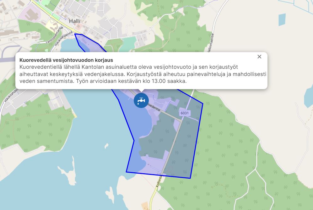 Hallissa Kuorevedentiellä oleva vesijohtovuoto ja sen korjaustyöt aiheuttavat keskeytyksiä vedenjakeluun. Korjaustyöstä aiheutuu painevaihteluja ja mahdollisesti veden samentumista. Työn arvioidaan kestävän klo 13 saakka. Jämsän Vesi pahoittelee häiriötä #JämsänVesi #Vesihuolto