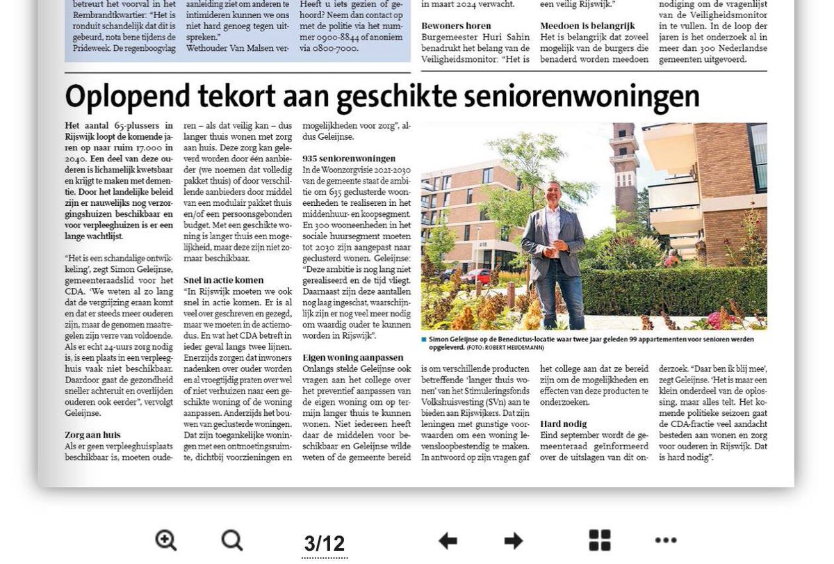 Vandaag ook in de krant.
@GrootRijswijk 

Oplopend tekort aan geschikte seniorenwoningen.
⬇️