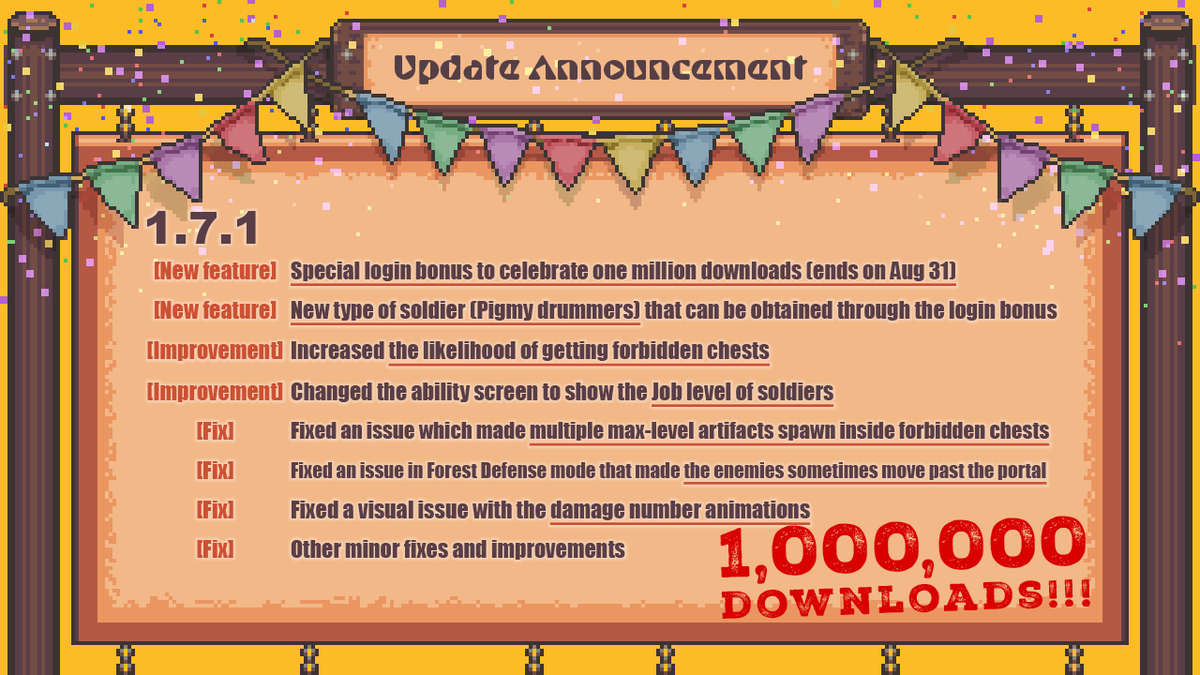roguewithdeaden's tweet photo. Version 1.7.1 has been released, and Rogue with the Dead has reached a million downloads! Thank you to all commanders!  

- Special celebratory login bonus (ends on Aug 31) 
- New soldiers obtainable through the login bonus (Pigmy drummers)

#RogueWithTheDead #indiegame https://t.co/3WCWCVyUfH