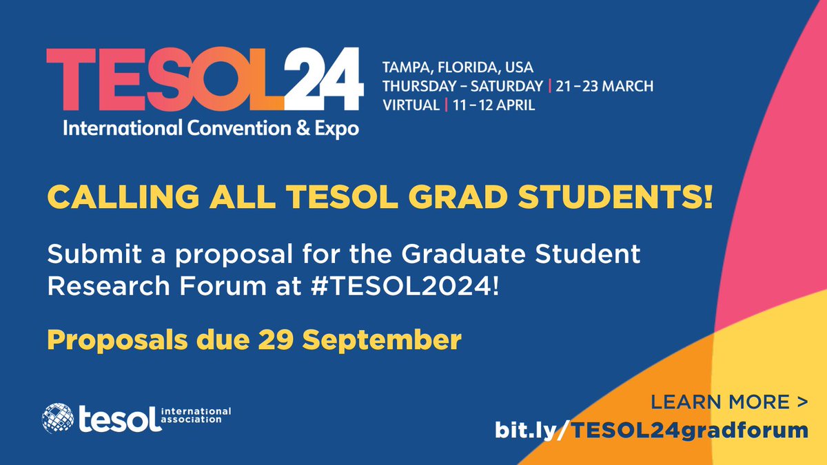Now accepting proposals for the 2024 Graduate Student Forum! Share your research results, network with graduate students and faculty from around the world, and participate in the #TESOL2024 Convention! Proposals due 29 September. Learn more at bit.ly/3YAANz5