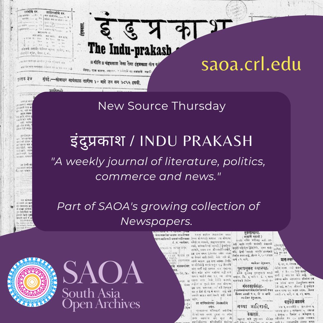SouthAsiaOA's tweet photo. Happy Thursday, #SAOAFans. It's time for another #NewSourceThursday!

Today, we're featuring INDU PRAKASH (इंदुप्रकाश) a new addition to SAOA's growing collection of Newspapers. 

Check it out: https://t.co/fHuV1Gsos8 https://t.co/QAxVQkFbf7