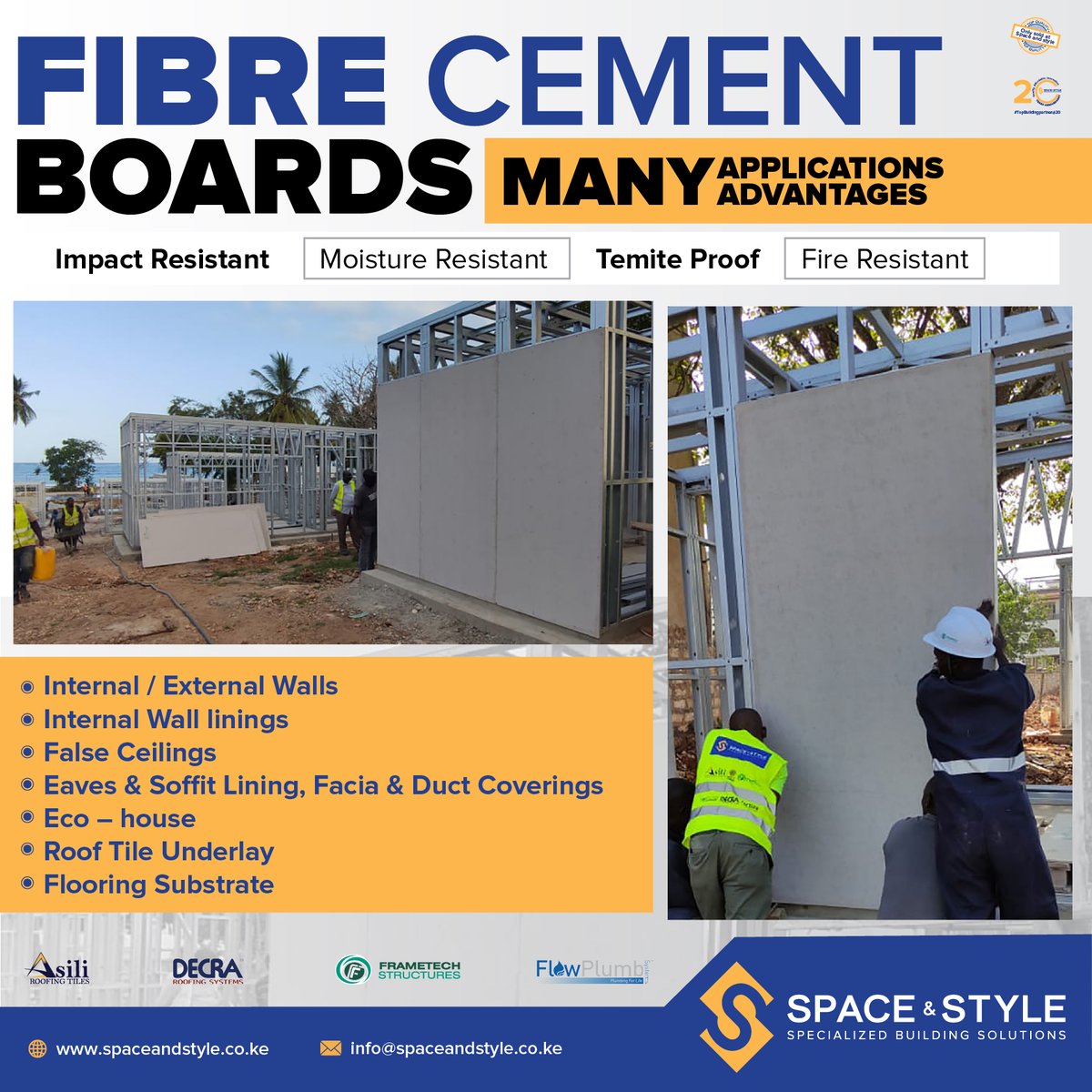 Looking for walling solutions? Look no further! our Fibre Cement Boards are; moisture resistant, impact resistant, termite proof and fire resistant. 

Talk to us and get a quote!
#building #ecohomes #Construction  #affordablehomes #TrustedSolutions #ecoshule