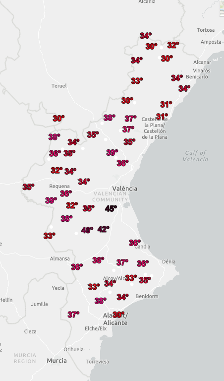 Hoy los observatorios forestales están dando temperaturas muy elevadas en la Ribera y Calderona.
Besori (Llombai - 361 m) 45ºC y 22% HR
Tristany (Segorbe - 798 m) 39ºC y 36% HR
Muchos con HR<30%

Más información en la página del SIGIF:
prevencionincendiosgva.es/Inicio
#prevencion #iiff
