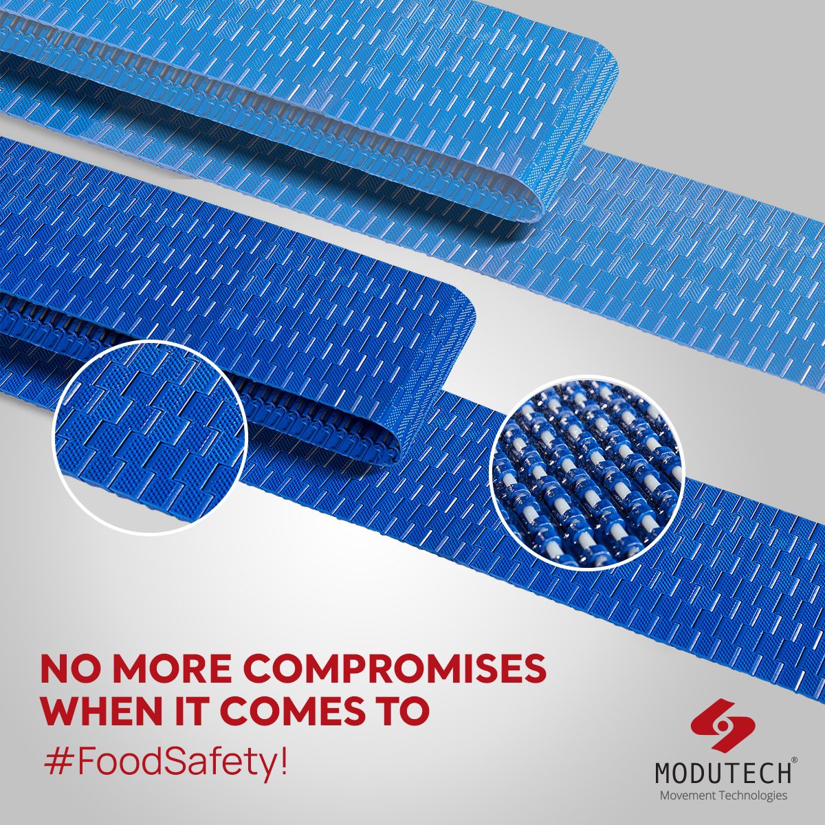 The hygienic design of Modutech Belts with smooth, rounded shapes makes it easy to remove foodstuff residues, even on the belt running side. Modutech improves efficiency and guarantees longer belt life.

#modutech #modularbelting #belt #foodbelts #foodindustry #modularbelts