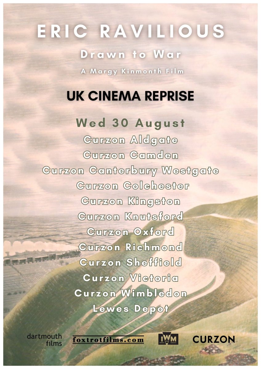 We are delighted to announce that <a href="/MargyKinmonth/">Margy Kinmonth</a>  "Eric Ravilious - Drawn to War” releases in cinemas across the UK from Weds August 30th. 

Visit dartmouthfilms.com/eric-ravilious… 

<a href="/CurzonCinemas/">Curzon</a> <a href="/LewesDepot/">Lewes Depot</a> <a href="/I_W_M/">Imperial War Museums</a> <a href="/DartmouthFilms/">Dartmouth Films</a> #ravilious #ericravilious