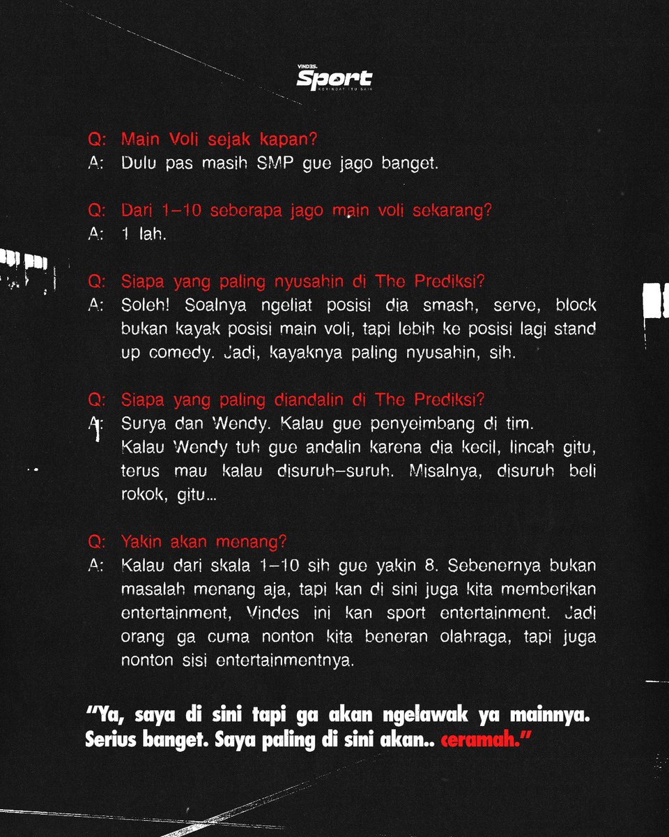 vindestwitt's tweet image. Inilah apa katanya sang kapten daripada The Prediksi, @andretaulany74

Jadi, lo tim mana? #ThePrediksi atau #TheActors?

Jangan lupa nyalain notifikasi agar supaya tidak terlewatkin penjualan tiketnya!

#Vindes
#VindesSport