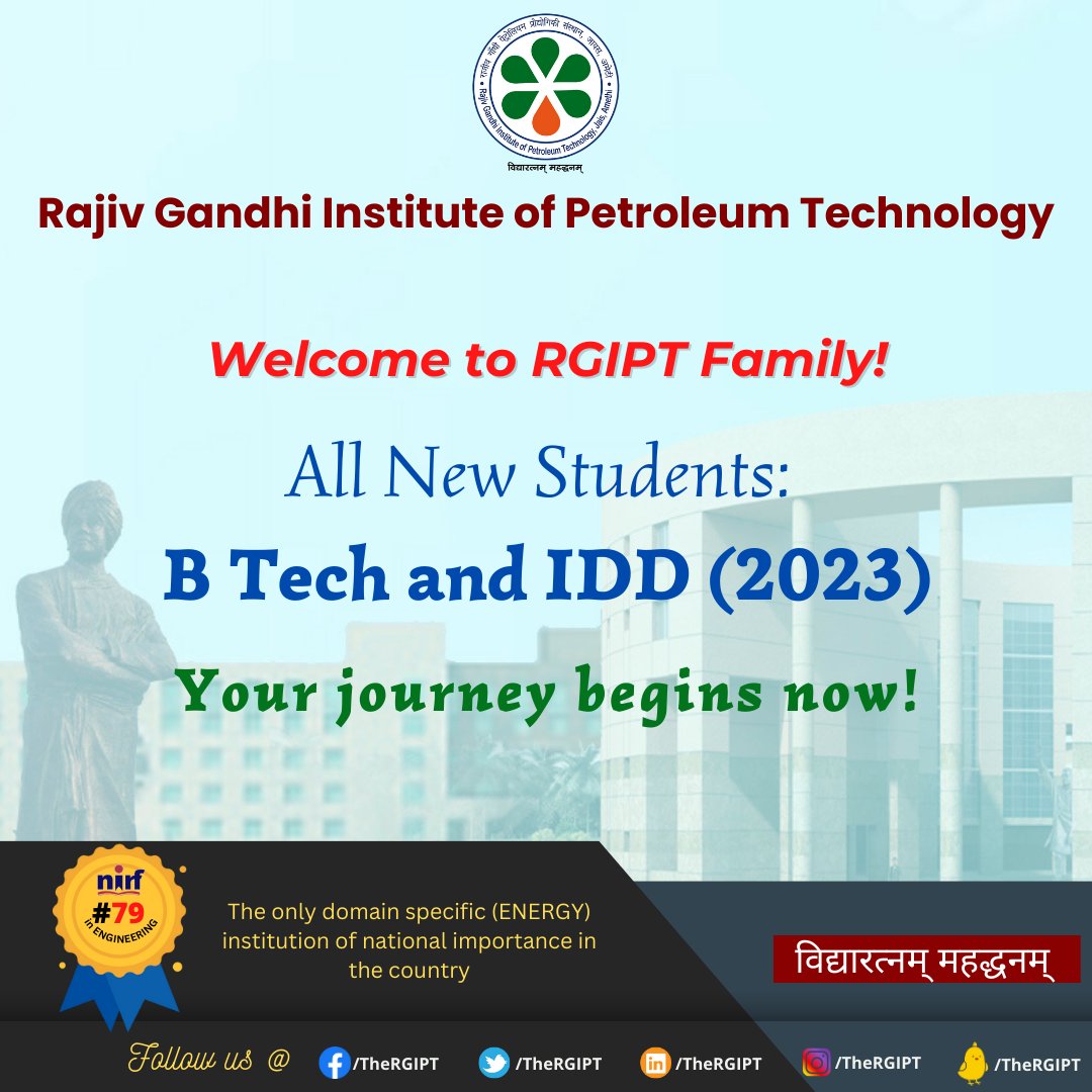 TheRGIPT's tweet image. Welcome to RGIPT Family! - All New Students: B Tech and IDD (2023) - Your journey begins now! | rgipt.ac.in |
#RGIPT | #Btechadmissions2023 | #IDDAdmission2023 | #freshers | #OrientationProgramme | #newentants