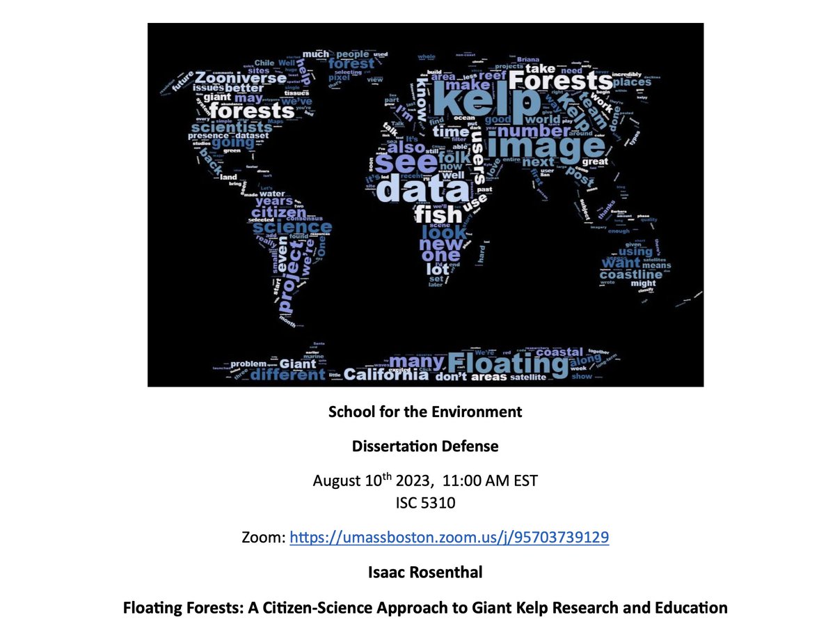FloatingForests's tweet photo. Come today to hear @isrosenthal defend his PhD in #kelp, #citizenscience/#communityscience, #STEMeducation ,  &amp; #urbanization today using
our platform! Isaac has been the @NASAEarth funded grad student on the project. If you're interested, zoom info in the flier! @the_zooniverse https://t.co/d4KkoFme3P