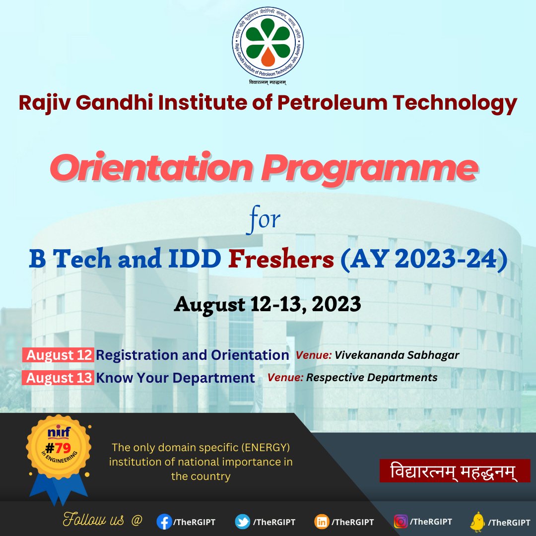 TheRGIPT's tweet image. Orientation Programme for B Tech and IDD Freshers (AY 2023-24) || August 12-13, 2023 | rgipt.ac.in |
#RGIPT | #Btechadmissions2023 | #IDDAdmission2023 | #freshers | #OrientationProgramme | #newentants