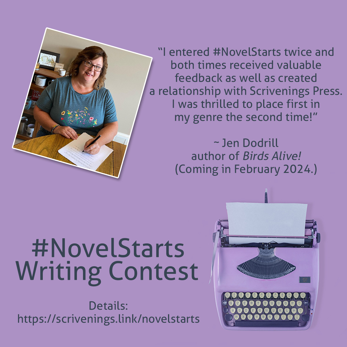 ScriveningsLLC's tweet photo. Our annual #NovelStarts and #GetPubbed contests have opened up publishing opportunities for many entrants. After applying the feedback Jen Dodrill received from the NovelStarts judges, she re-entered the following year and won her genre category. Jen finished her cozy mystery manuscript and just signed a 3-book contract with Scrivenings Press.
Have you entered yet? Deadline is September 10, 2023.
https://t.co/XzunY0hEzd
https://t.co/XjegJd0xSs
#writingcontests #writingcommunity #amwriting