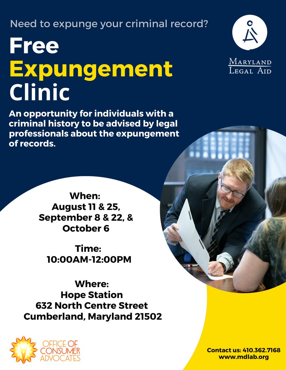 MDLegalAid's tweet photo. Join Staff #Attorney Michael Stevens tomorrow, 8/11, at Hope Station for a #free #expungement clinic starting at 10AM! #MarylandLegalAid #Expungements https://t.co/8GvkAseze0